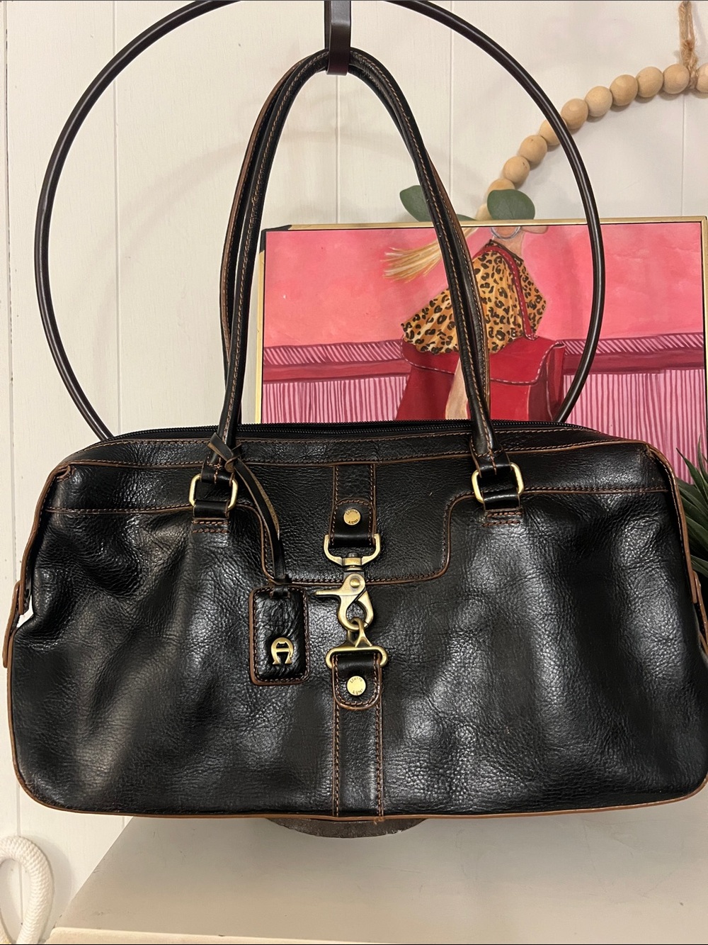 Etienne Aigner Black Leather Tote with Brass Hardware